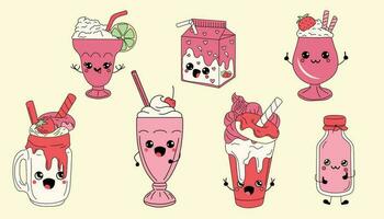 uppsättning av söt Lycklig rolig milkshakes med söt ögon. vektor illustration isolerat