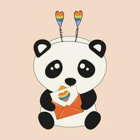 süß wenig Sitzung Panda hält Briefumschlag mit Regenbogen Herzen. Karikatur Tier Charakter zum Kinder Karten, Baby Dusche, Einladung, Poster, T-Shirt Komposition, Haus Innere. Vektor Lager Illustration