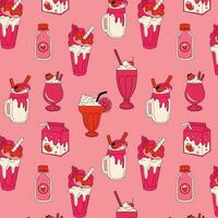 sömlös mönster med milkshakes med en jordgubb och is grädde kon vektor