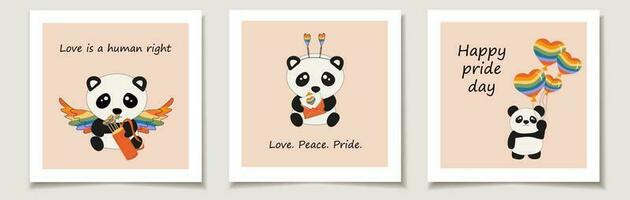 uppsättning av stolthet dag kort med söt liten Sammanträde pandor innehar regnbåge hjärtan. kärlek, månad stolthet vektor