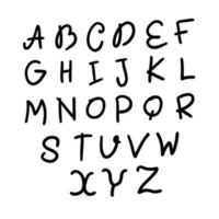 oregelbunden former svart engelsk latin ABC alfabet font en till z. vektor illustration i hand dragen klotter stil isolerat på vit bakgrund. för kort, typografi, inlärning, barn bok, dekorera.