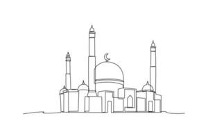 Single eine Linie Zeichnung Moschee zum Muslime. islamisch Neu Jahr Konzept. kontinuierlich Linie Zeichnung Illustration vektor