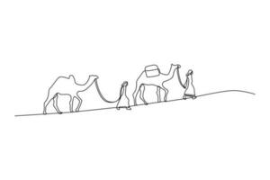 Single eine Linie Zeichnung Menschen ziehen Kamele im das Wüste. islamisch Neu Jahr Konzept. kontinuierlich Linie Zeichnung Illustration vektor