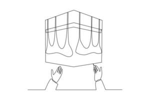 Single eine Linie Zeichnung zwei Hände beten im Vorderseite von Kaaba. hajj und umrah Aktivität Konzept. kontinuierlich Linie Zeichnung Illustration vektor