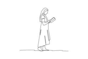 kontinuierlich eine Linie Zeichnung Frau Stehen und lesen ein Buch. Buch Konzept. Single Linie Zeichnung Design Grafik Vektor Illustration