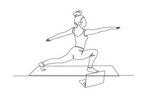 kontinuierlich eine Linie Zeichnung Frau ein haben Yoga Klasse. Klasse es oben Konzept. Single Linie Zeichnung Design Grafik Vektor Illustration
