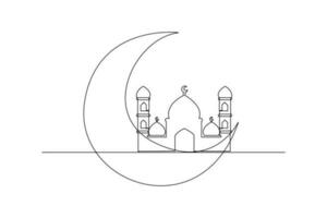 Single eine Linie Zeichnung von ein Moschee und Halbmond Mond. islamisch Neu Jahr Konzept. kontinuierlich Linie Zeichnung Illustration vektor