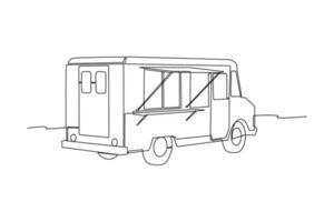 enda en linje teckning bak- se av mat lastbil. mat lastbil begrepp. kontinuerlig linje teckning illustration. vektor