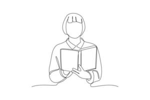 kontinuierlich eine Linie Zeichnung Frau lesen ein Buch entspannen. Buch Konzept. Single Linie Zeichnung Design Grafik Vektor Illustration