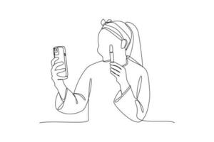 Single eine Linie Zeichnung Selfie Frau mit ihr Neu Zelle Telefon. Handy, Mobiltelefon Telefon Konzept. kontinuierlich Linie Zeichnung Illustration vektor