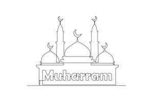 Single eine Linie Zeichnung Moschee mit muhafram Dekorationen. islamisch Neu Jahr Konzept. kontinuierlich Linie Zeichnung Illustration vektor
