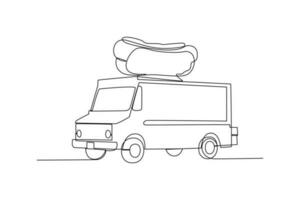 Single eine Linie Zeichnung Essen LKW mit ein Hotdog Symbol auf Es. Essen LKW Konzept. kontinuierlich Linie Zeichnung Illustration. vektor