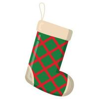 Weihnachten Spielzeug Grün Socke im rot Plaid zum Weihnachten Geschenke auf ein Schnur. Vektor Illustration.