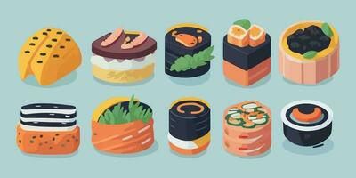 fängslande sushi äventyr, lekfull vektor illustration med färgrik rullar