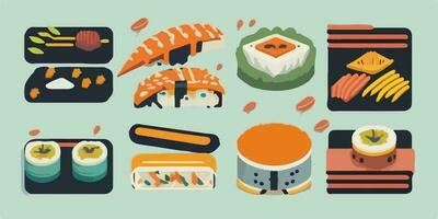 sushi sagoland, lekfull tecknad serie illustration med färgrik rullar vektor