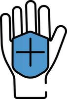 hand med medicinsk skydda ikon i blå och vit Färg. vektor