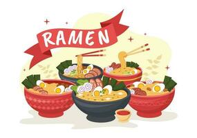 Ramen Vektor Illustration von japanisch Essen mit Nudel, Essstäbchen, Miso Suppe, Ei gekocht und gegrillt nori im eben Karikatur Hand gezeichnet Vorlagen