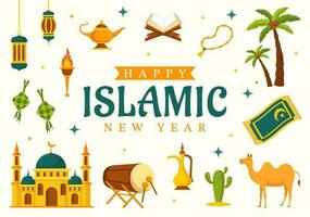 Lycklig Muharram vektor illustration med fira islamic ny år i platt tecknad serie hand dragen landning sida bakgrund mallar