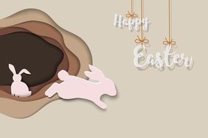 glad påsk gratulationskort papper konstdesign med kaniner hoppa ur hålet på våren vektor