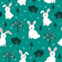 niedliche weiße Kaninchen die Bande nahtloses Muster auf grünem Hintergrund für Kinderprodukt, Mode, Stoff, Textil, Druck oder Tapete vektor