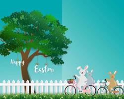 niedliche Kaninchen die Bande glücklich im Garten für Osterferien, Einladung, Grußkarte oder Plakat vektor