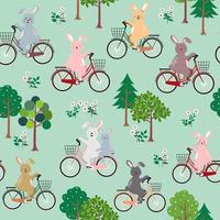 süße Kaninchen die Bande mit Fahrrad glücklich im Garten nahtloses Muster für Kinderprodukt, Mode, Stoff, Textil, Druck oder Tapete vektor
