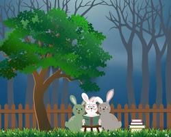 söta kaniner gänget som läser böcker under trädet, bakgrund för världsbokdagen eller internationell utbildningsvecka vektor