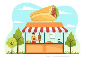 Kebab Vektor Illustration mit Füllung Hähnchen oder Rindfleisch Fleisch, Salat und Gemüse im Brot Tortilla wickeln im eben Karikatur Hand gezeichnet Vorlagen