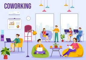 Coworking Geschäft Vektor Illustration mit Kollegen reden, Treffen und Arbeiten beim das Büro im eben Karikatur Hand gezeichnet Landung Seite Vorlagen