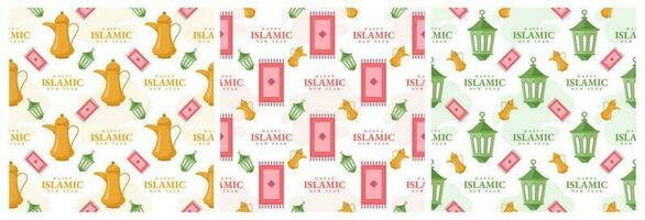 einstellen von glücklich islamisch Neu Jahr nahtlos Muster Design eben Illustration mit Muslime Elemente im Vorlage Hand gezeichnet vektor