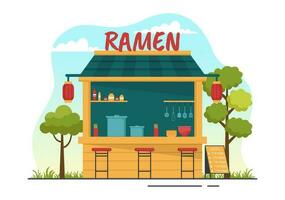 Ramen Vektor Illustration von japanisch Essen mit Nudel, Essstäbchen, Miso Suppe, Ei gekocht und gegrillt nori im eben Karikatur Hand gezeichnet Vorlagen