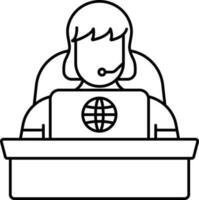 mic bär ansiktslös kvinna med bärbar dator på skrivbord linje konst ikon. vektor
