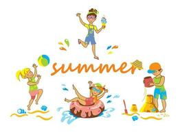 Sommer- Urlaub, Kinder Strand Party, Sommer- Camping Meer, Familie Urlaub. Vektor Illustration.
