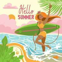 Mädchen Surfer auf das Ozean, sonnig Sonnenuntergang. Hallo Sommer. Vektor Illustration.