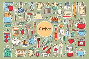 Küchenelemente niedlich Gekritzel Hand gezeichnete Vektor-Clipart Satz von Elementen Aufkleber Kochgeräte Lebensmittel Küchengeschirr vektor