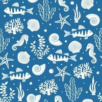 vektor sömlös mönster på en blå bakgrund. under vattnet värld i tecknad serie stil. sommar, hav, fisk, skal, alger