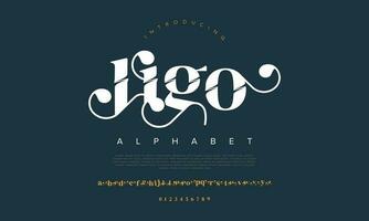 ligo elegant alfabet brev font och siffra. klassisk text minimal mode mönster. typografi modern serif typsnitt dekorativ årgång design begrepp. vektor illustration