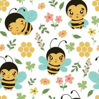 komisch Bienen und Blumen nahtlos Muster. Vektor naiv Zeichen im skandinavisch handgemalt Karikatur Stil. Ideal zum Kinder Textilien, Kleidung, Hintergrund.