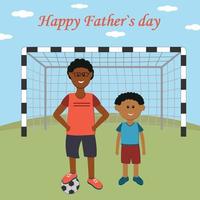gratulationskort gåva för far på semester far och son spelar fotboll färg vektor illustration platt stil