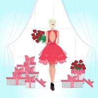 vacker ung blond tjej står vid fönstret med en bukett med röda rosor mode illustration i platt tsili vacker kvinna chic bukett modern inredning många presenter vektor