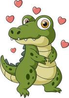 söt bebis krokodil tecknad serie med röd hjärtan vektor