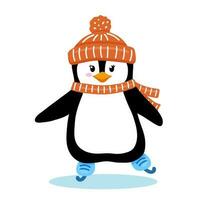 Pinguin im Hut und Schal Rollschuhe auf Eis im Winter. süß Pinguin Skater isoliert auf Weiß. kindisch Vektor Charakter.
