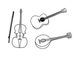 hand dragen klotter av klassisk fiol och gitarr. musikalisk instrument. vektor illustrationer uppsättning
