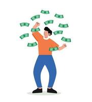 Mann Stehen unter Geld Regen Banknoten fallen Vektor Illustration