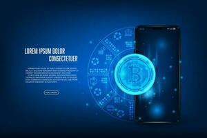 Vektor abstrakt Technologie Krypto Währung Konzept. Bitcoin Brieftasche Anwendung auf Handy, Mobiltelefon Telefon.