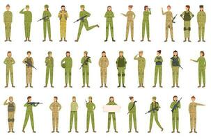 Militär- Frau Symbole einstellen Karikatur Vektor. Soldat Heer vektor
