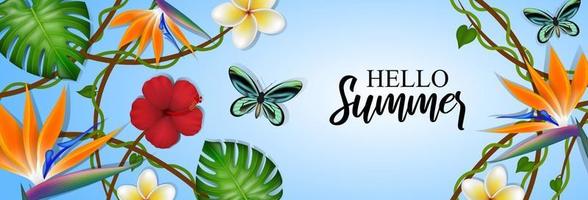 Hallo Sommer Banner mit tropischen Blumen und Schmetterlingen vektor