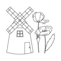 Mühle, Mohn Blumen. ukrainisch Symbole. vektor