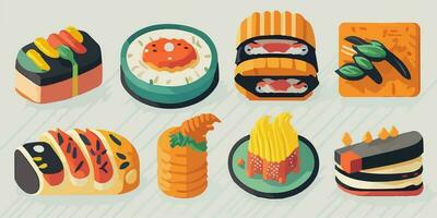 söt och utsökt, fullfärg sushi uppsättning illustration med charmig tecken vektor