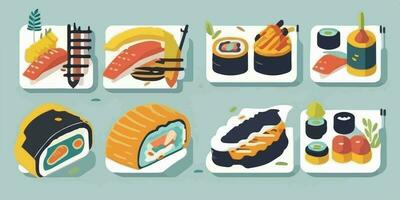 kulinarisch Freude, beschwingt Karikatur Illustration von ein bunt japanisch Verbreitung vektor